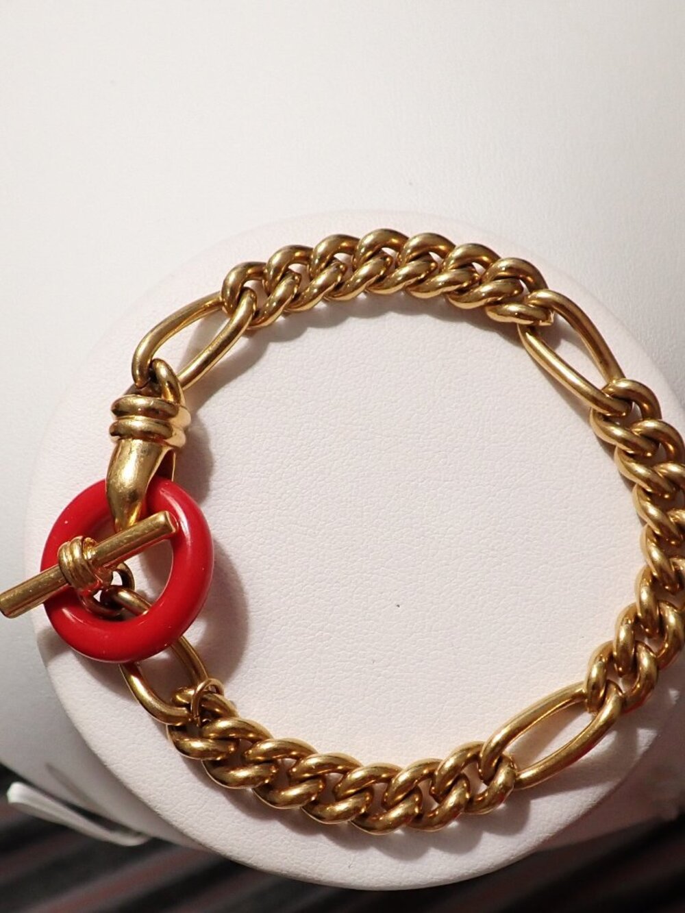 Vintage Monet Gold Tone & Red T-Bar Fancy Bracelet Signed